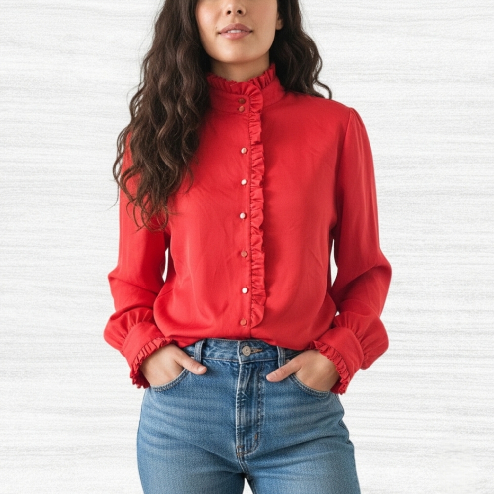 Vintage Judy Bond Ruffled Blouse Red Long Sleeve Top,  Size L